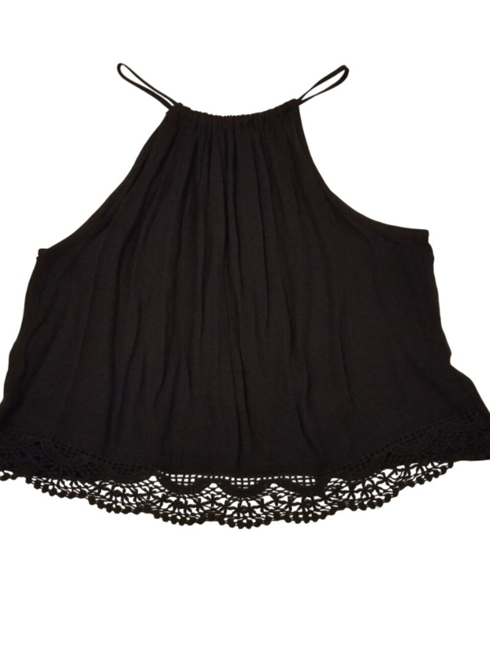 H&M Flared Black Flowy Crinkle Tank Top with Lace Crochet-Like Hem US 6 Small